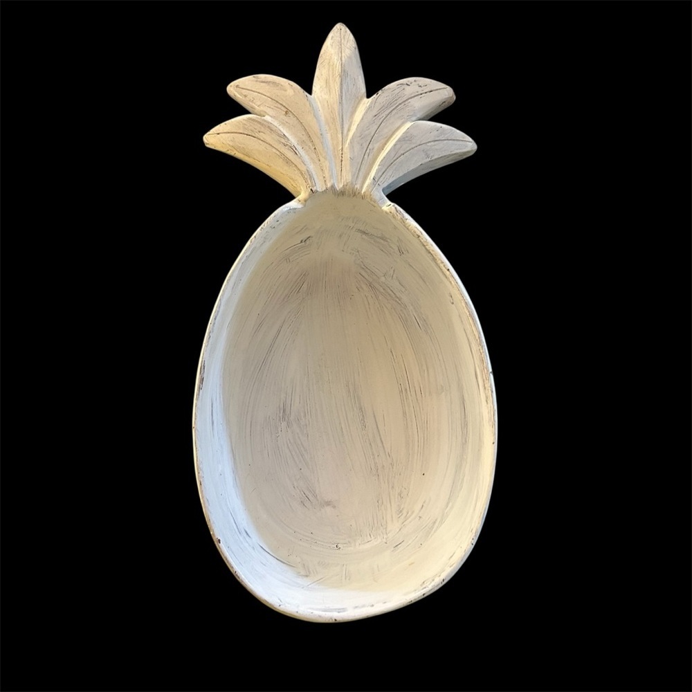 Vintage Monkey Pod Shabby Chic Distressed Cream Pineapple Shaped Decorative Bowl
